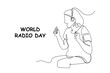 © Sell Vector - Single one line drawing happy young girl listening a radio with headphone. World radio day concept. Continuous line draw design graphic vector illustration.