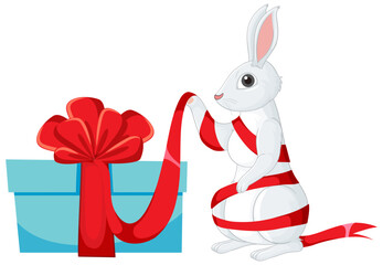 Poster - Cute rabbit wrapping gift