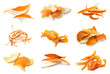 Collage with dry orange peels on white background