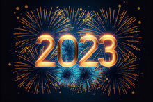 Number 2023 Celebrate New Year With Blue And Yellow Fireworks Exploding In The Black Background. New Year Celebration Wallpaper Banner.