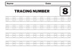 Number 8 tracing practice worksheet with all numbers for kids learning to count and write. Worksheet for learning numbers. Number training writes and counts numbers. Exercises handwriting practice
