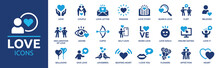 Love Icon Set. Containing Heart, Couple, Cupid, Passion, Valentine, Online Dating Icons. Solid Icon Collection.