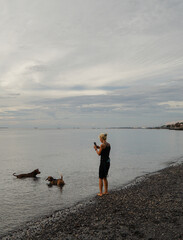 Wall Mural - A woman playing with the dogs at the beach.