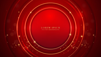 Golden circle with shiny dots and glitter light effects decoration on red luxury background. Elegant style vector design