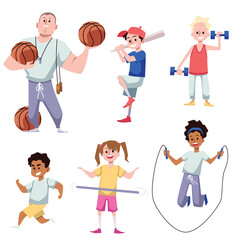 Canvas Print - Schoolchildren and coach at physical education lesson flat vector isolated.