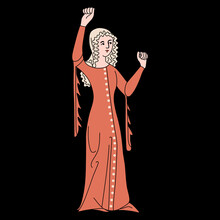 Standing Medieval Woman In A Red Dress With A Raised Fist. On Black Background.