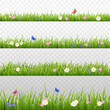 Set of green grass borders with colorful flowers and butterflies flat style