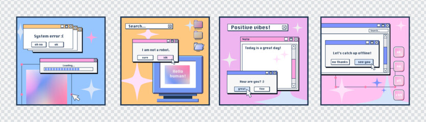 Wall Mural - social media posters template with retro desktop computer interface with message frames, loading bar