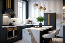 Luxury Kitchen Interior With New Stylish Furniture, White Marble Countertops, Modern, AI Assisted Finalized In Photoshop By Me 
