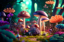 Fantastic Wonderland Forest Landscape With Mushrooms And Flowers.