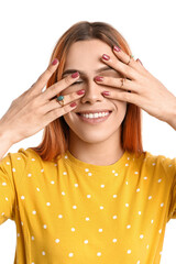 Wall Mural - Young transgender woman with beautiful manicure and rings on white background, closeup