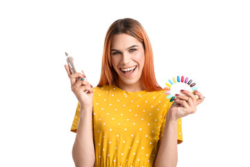 Poster - Young transgender woman with nail polish tips and tool on white background