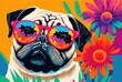 Flower power hippie pug in nature with colorful floral sunglasses, out and about exploring lovely springtime outside.