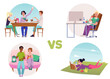 Snack vs traditional meals infographic with people vector illustration isolated.
