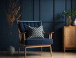 Modern wooden living room armchair on empty dark blue wall background. AI assisted finalized in Photoshop by me 
