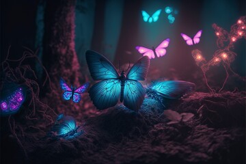 Wall Mural - Forest, glowing colorful butterflies, light fog