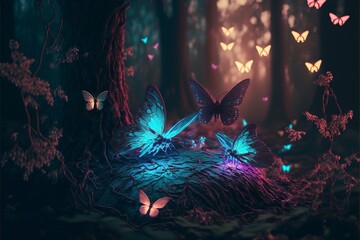 Wall Mural - Forest, glowing colorful butterflies, light fog