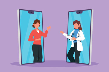 Wall Mural - Cartoon flat style drawing two smartphone face to face contain female patient talking online with woman doctor while holding clipboard. Digital healthcare concept. Graphic design vector illustration