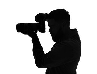 Wall Mural - Silhouette of male photographer with camera on white background