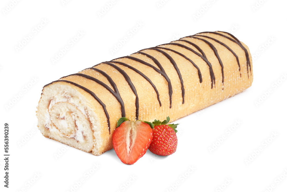 Sweet sponge cake roll and strawberry on white background