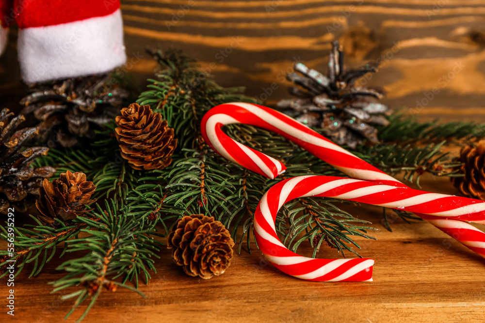 Composition with tasty candy canes, fir branches and cones on wooden background, closeup