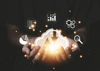 Wall Mural - businessman's hands showing a diagram of cloud computing information technology icon. big data.