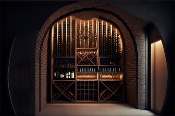 Wall Mural - Winery, wine cellar with many barrels and bottles of wine, interior furnished modern style