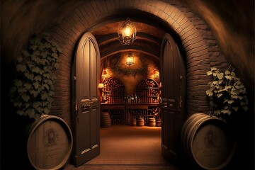 Wall Mural - Winery, wine cellar with many barrels and bottles of wine, interior furnished traditional, retro