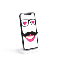 3D Phone Mockup and Cartoon Mangirl Smiley Face Expression with Heart Eyes and Mustache