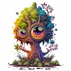 Wall Mural - Cartoon Fantasy Tree Forest Monster Standing,Wood Body Painting and Leaf Headed Wood Monster fairy tale character,Very Cool,Can Be Used For Various Kinds Of Printables