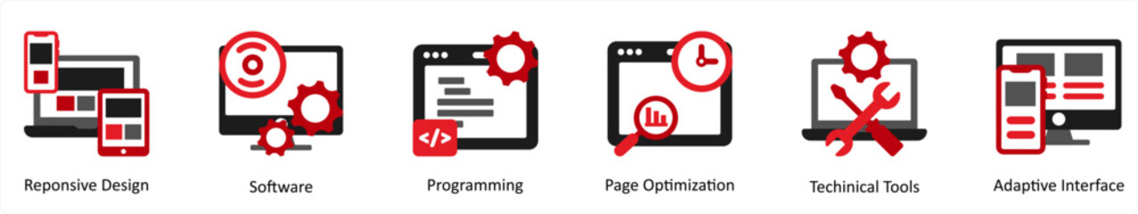 Six Technology Red and Black icons as responsive design, software, programming
