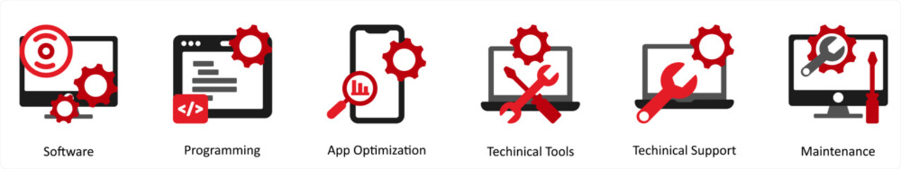 Six Technology Red and Black icons as software, programming, app optimization