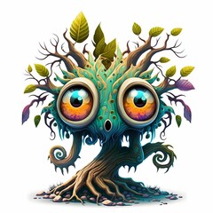 Wall Mural - Cartoon Fantasy Tree Forest Monster Standing,Wood Body Painting and Leaf Headed Wood Monster fairy tale character,Very Cool,Can Be Used For Various Kinds Of Printables