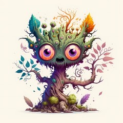 Wall Mural - Cartoon Fantasy Tree Forest Monster Standing,Wood Body Painting and Leaf Headed Wood Monster fairy tale character,Very Cool,Can Be Used For Various Kinds Of Printables