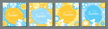 Happy Easter Card Set, Colourful Templates With Bunny And Flowers