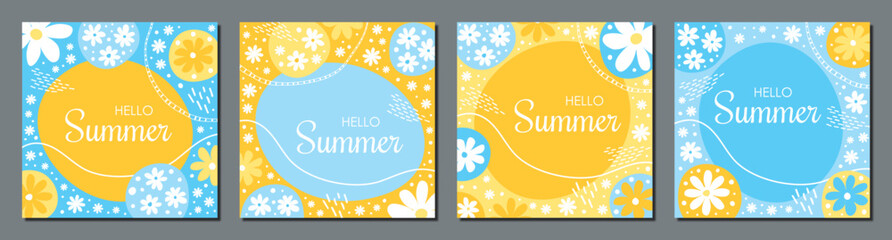 Wall Mural - hello summer card set, artistic with blue water, sky and yellow flowers, collection of summer social media post template with space for text. Promotional content.