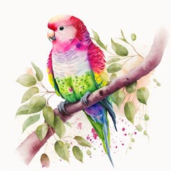  a colorful bird sitting on a branch of a tree with leaves around it's edges and a white background. generative ai