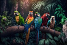  A Group Of Colorful Parrots Sitting On A Branch In A Jungle Setting With Trees And Plants In The Background.
