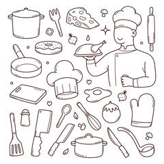 Doodle set of chef cooking tools and equipments hand drawn vector illustration