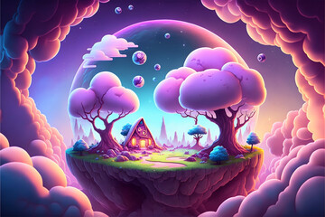 Wall Mural - Generative AI, incredible fantastic cute backdrop, cute cartoon landscape, beautiful abstract landscape	
