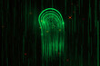 Abstract glowing green fingerprint hologram on dark background. Forensics and ID concept. 3D Rendering.