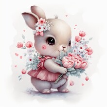  A Painting Of A Bunny Holding A Bouquet Of Flowers In Its Paws And Wearing A Pink Dress With A Bow.