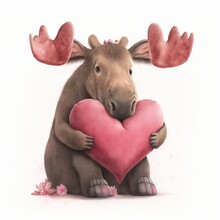  A Moose Holding A Heart With Antlers On Its Horns And A Pink Heart In Its Paws.