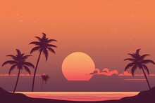  A Sunset With Palm Trees And A Beach In The Background With A Star Filled Sky And A Full Moon.