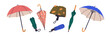 © Good Studio - Open, closed and folded umbrellas set. Rain protection parasols for rainy weather. Protecting accessories with handles of different design, type. Flat vector illustrations isolated on white background