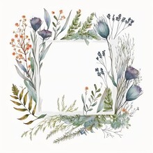 Watercolor Frame With Flowers And Herbs Created With AI
