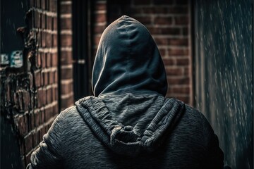  a person in a hooded jacket walking down a street in the rain with a brick building behind them and a brick wall. Generative AI