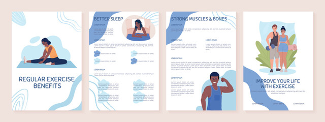 Wall Mural - Regular exercise benefits flat vector brochure template. Health booklet, leaflet printable flat color designs. Editable magazine page, reports kit with text space. Sniglet, Comfortaa fonts used