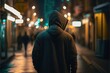  a man walking down a street at night with a hoodie on and a person walking down the street. generative ai