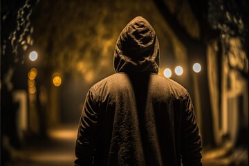  a person in a hooded jacket walking down a street at night with street lights in the background and a person in the foreground. Generative AI